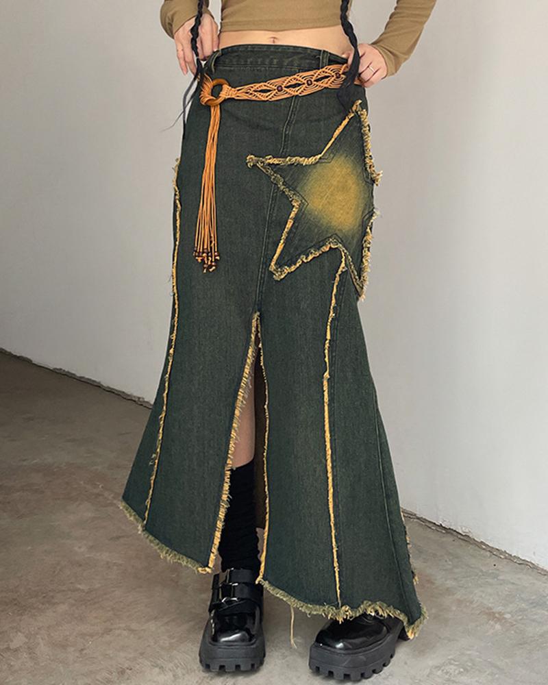 

Star Pattern Slit Fringe Hem Maxi Denim Skirt, Yellow