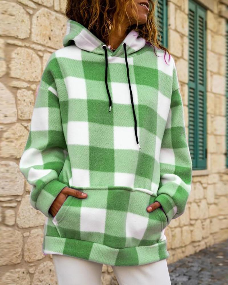 

Long Sleeve Plaid Print Pocket Design Hooded Sweatshirt, Green