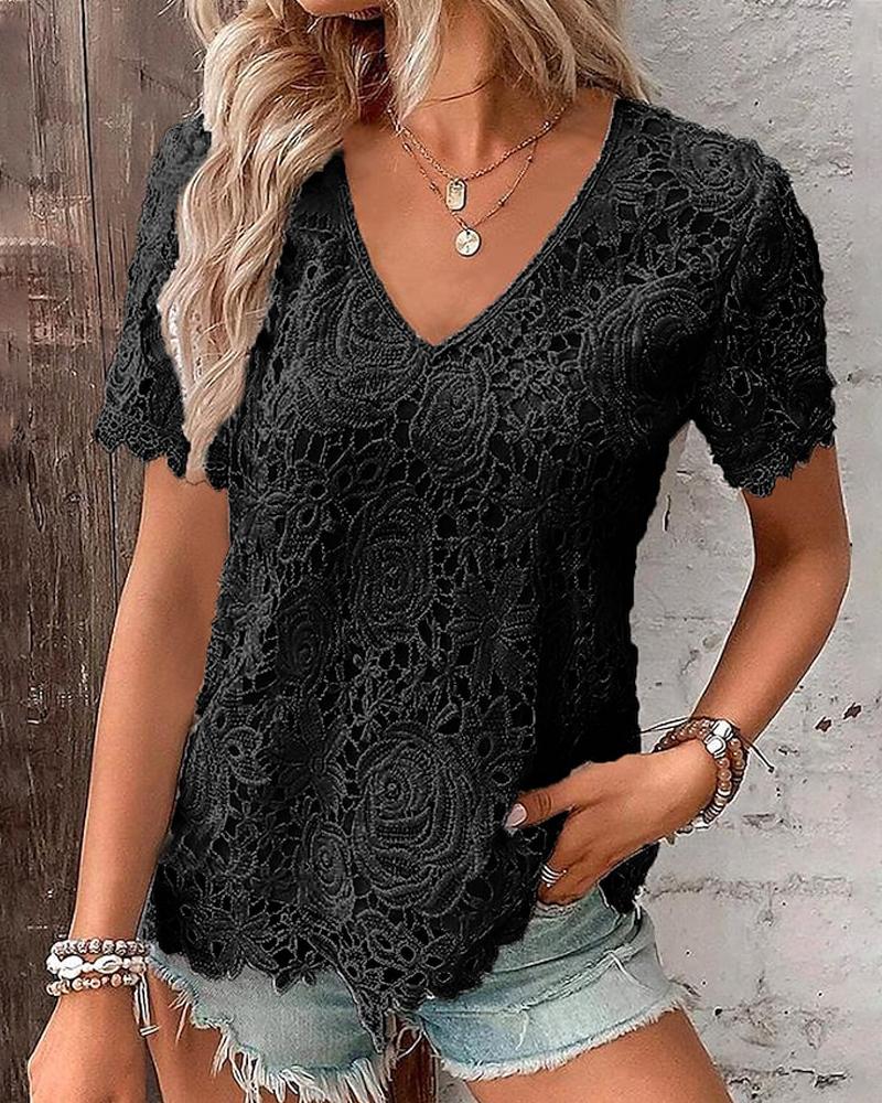 

Short Sleeve V-Neck Lace Top, Black