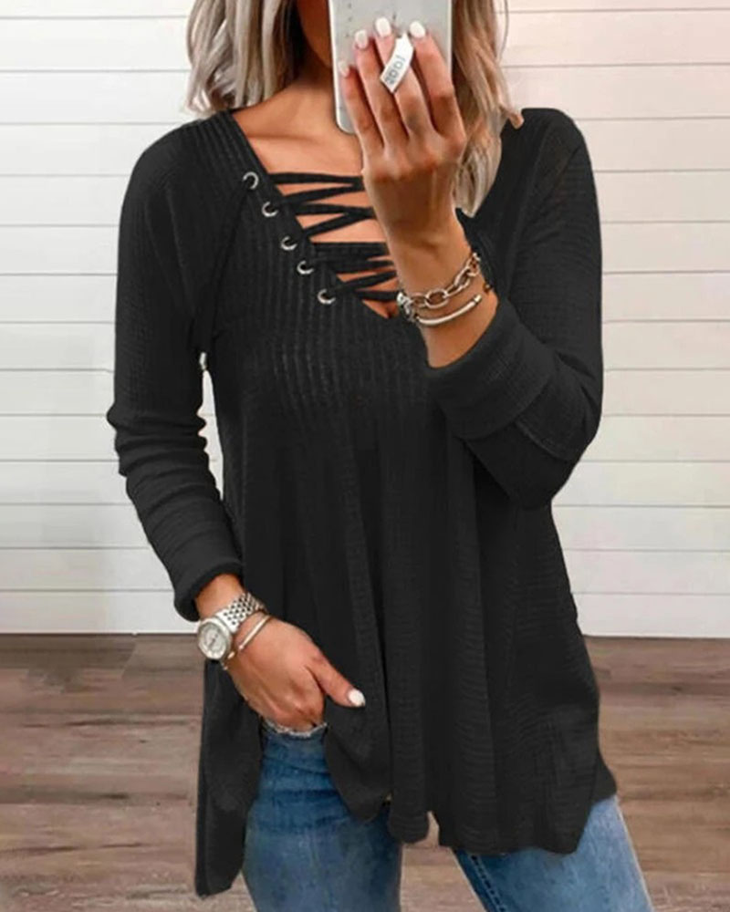 

Eyelet Lace-up Long Sleeve Casual Top, Black