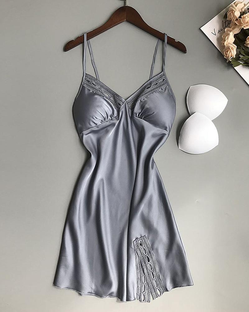 

Lace Hollow Out Satin Padded Babydoll, Gray