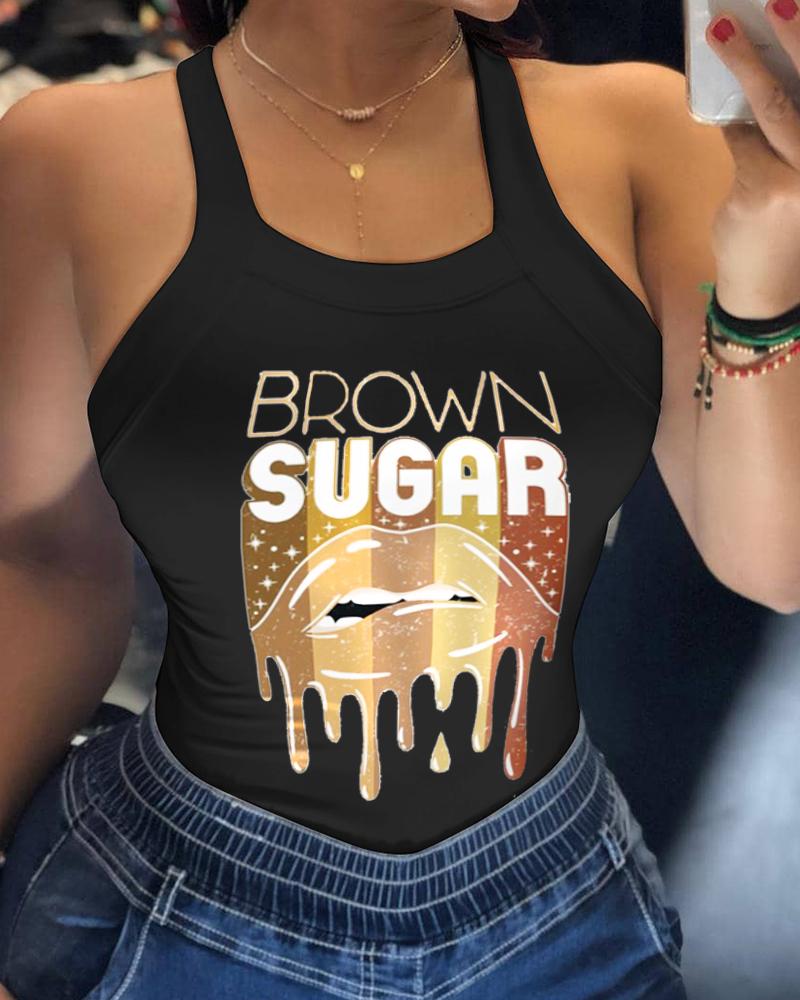

Lip Letter Print Sleeveless Casual Tank Top, Black