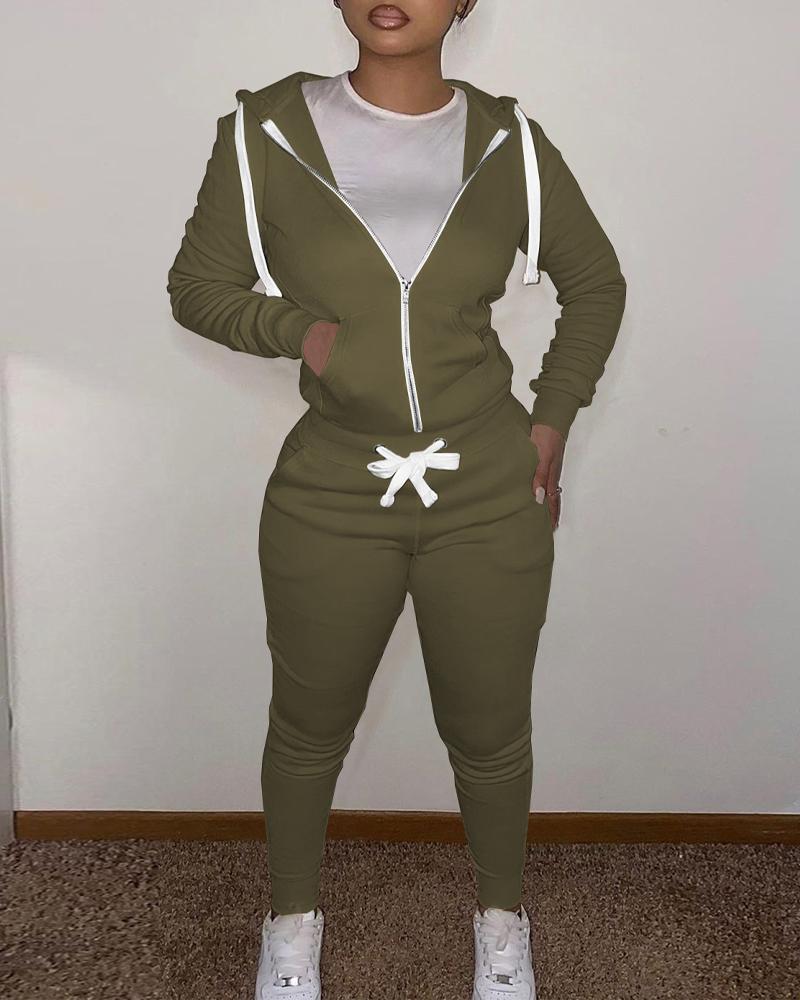

Pocket Detail Zip Up Hooded Top & Drawstring Pants Set, Green