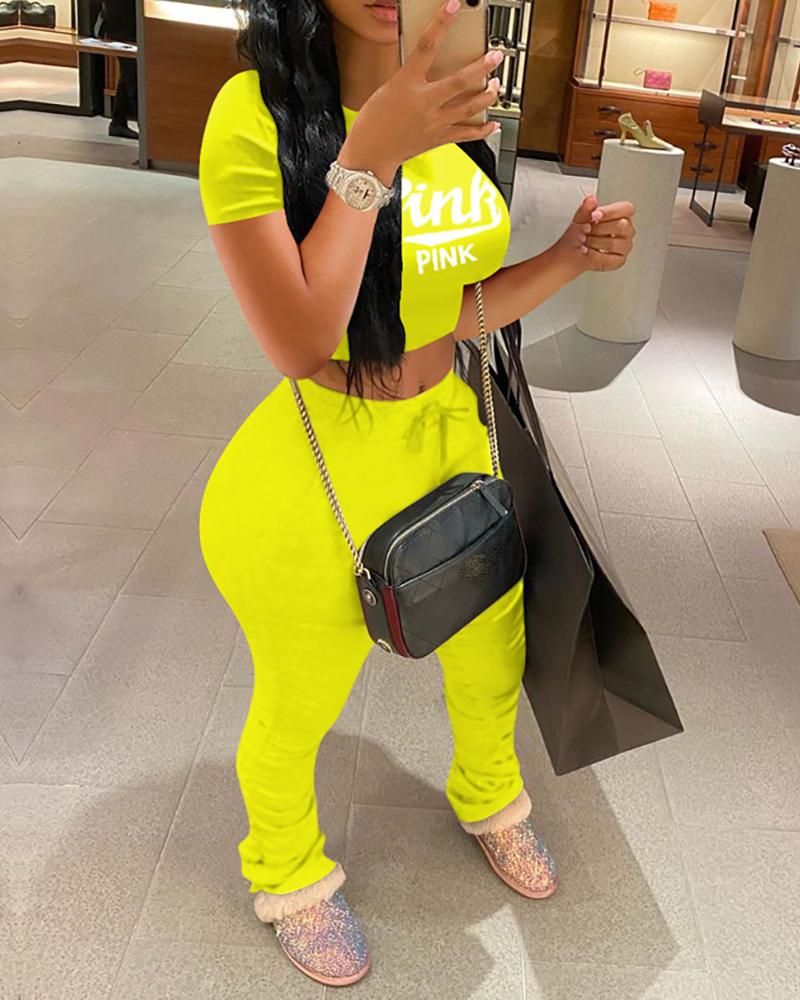 

Letter Print Round Neck Shorts Sleeve Top & Pants Set, Yellow