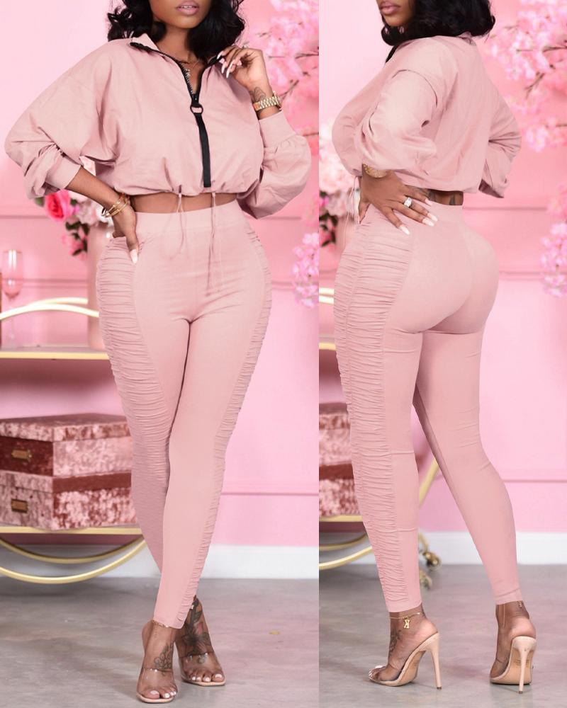 

Drawstring Zip Up Crop Top & Ruched Pants Set, Pink