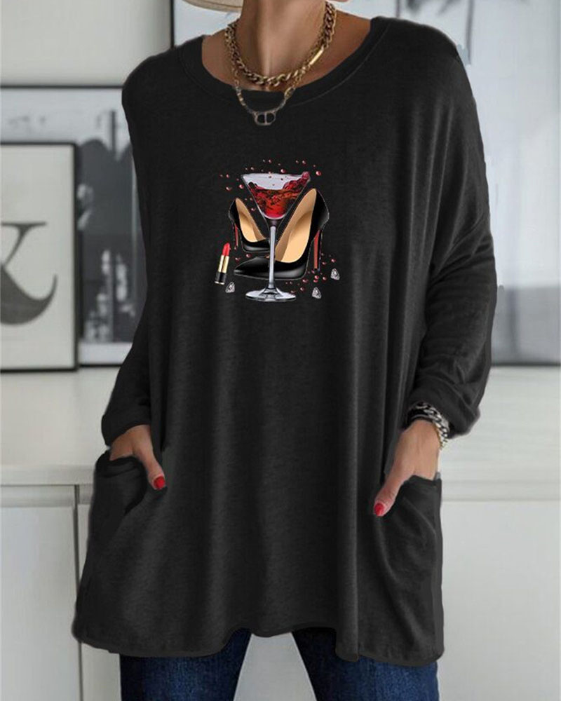 

Graphic Print Pocket Detail Long Sleeve Casual Top, Black