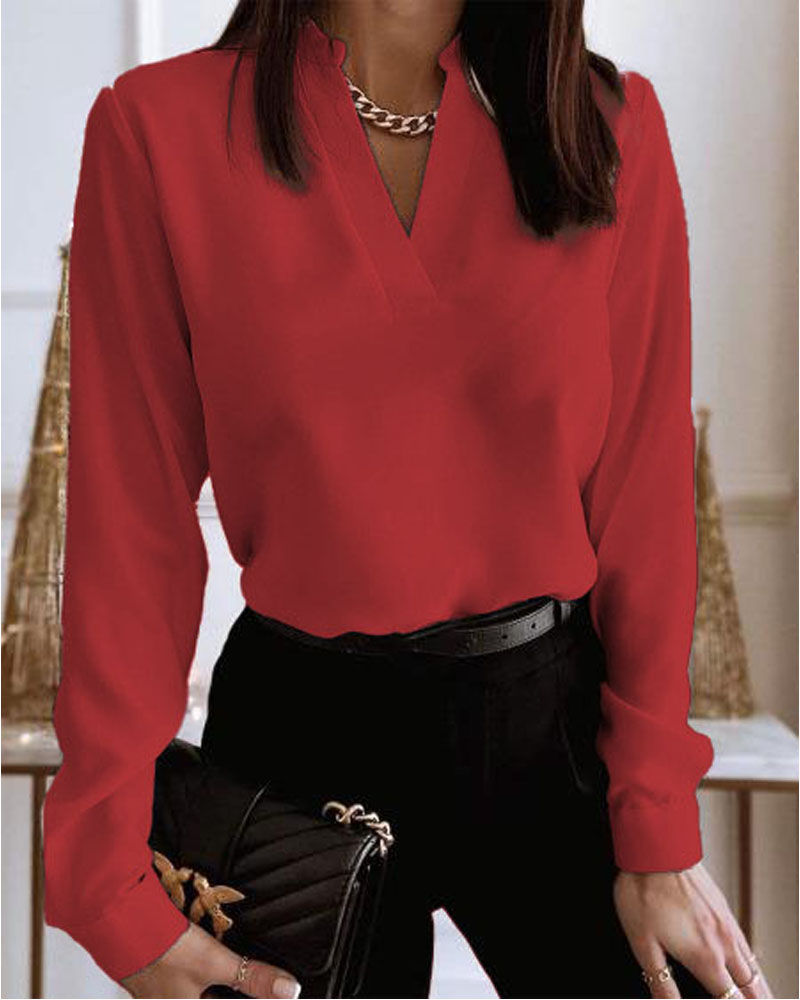 

Long Sleeve V-Neck Casual Top, Red