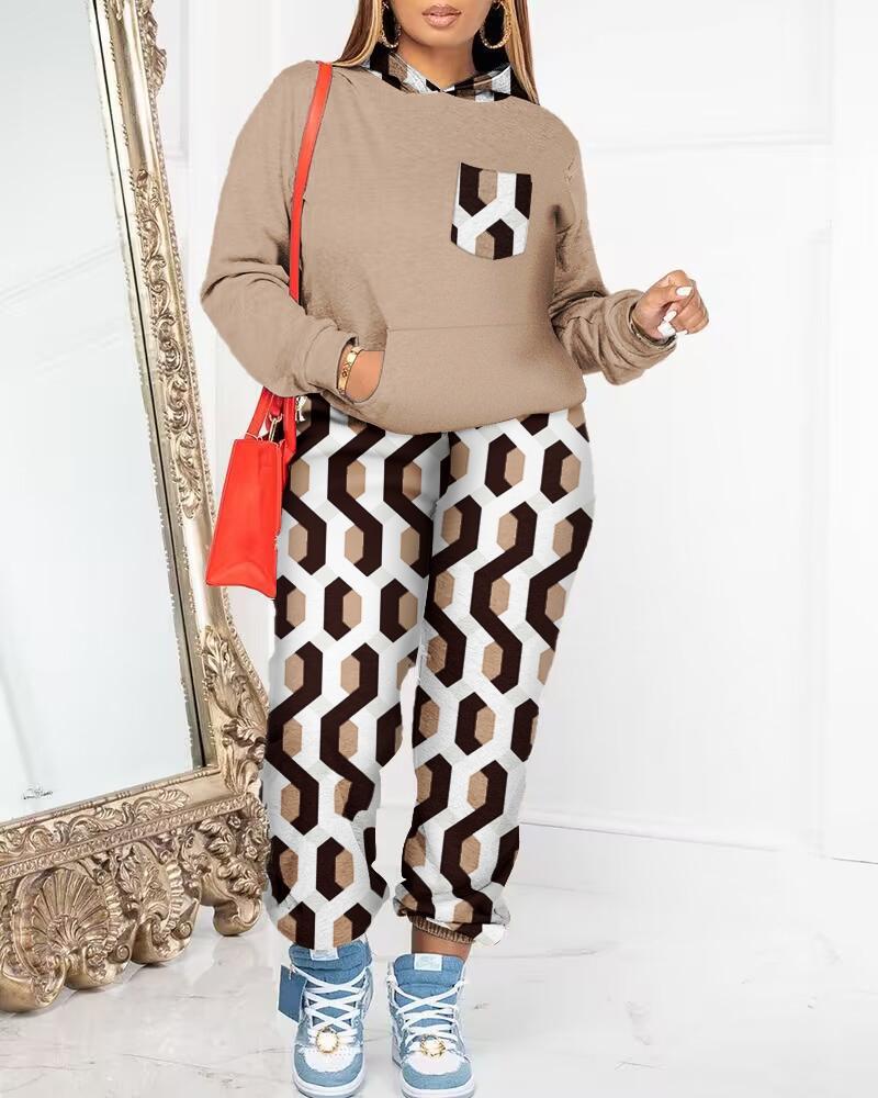 

Geometric Print Pocket Design Hoodie & Pants Set, Khaki
