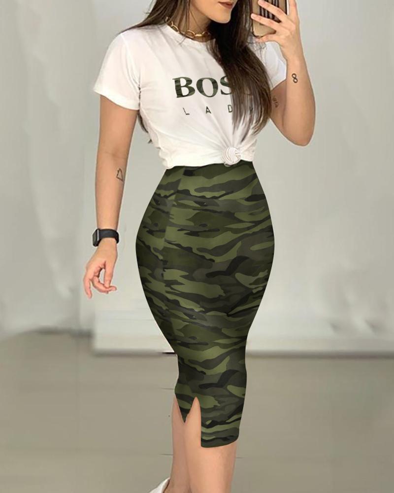 

Letter Print T-Shirt & Camouflage Slit Skirt Set, Camoflage