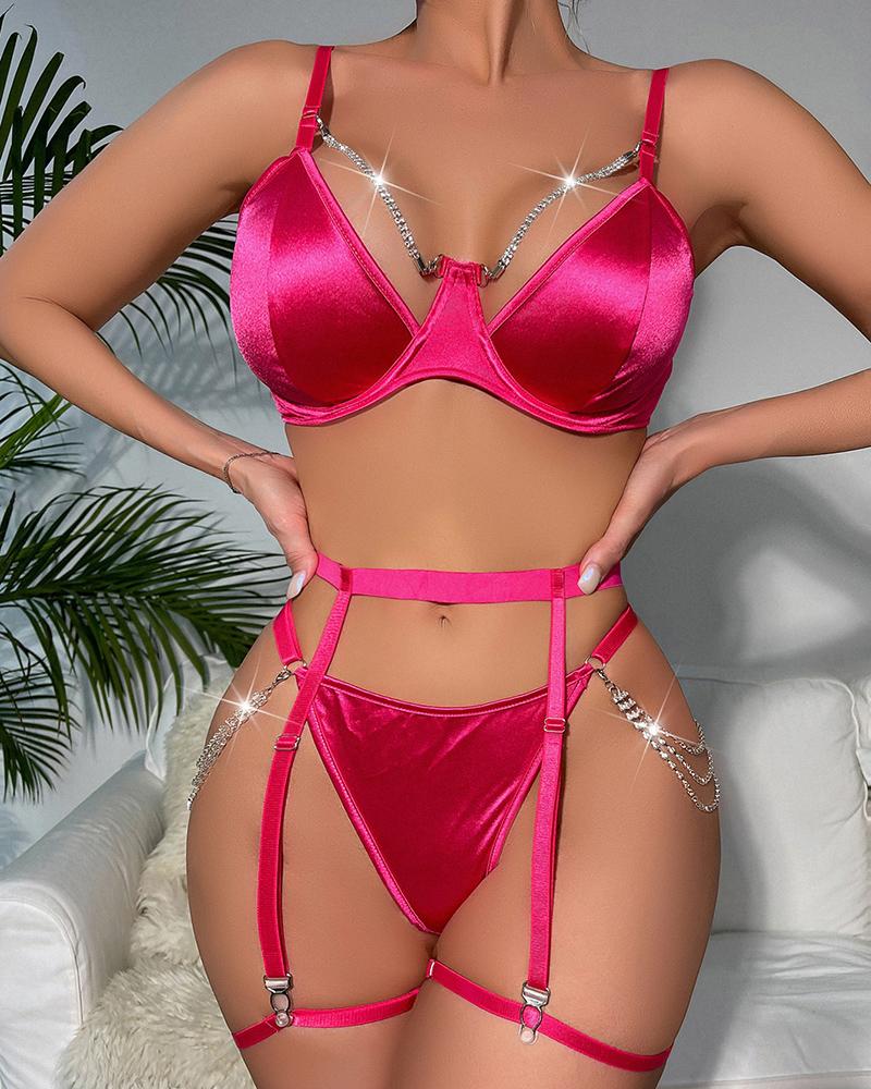 

Satin Chain Decor Cutout Garter Lingerie Set, Hot pink