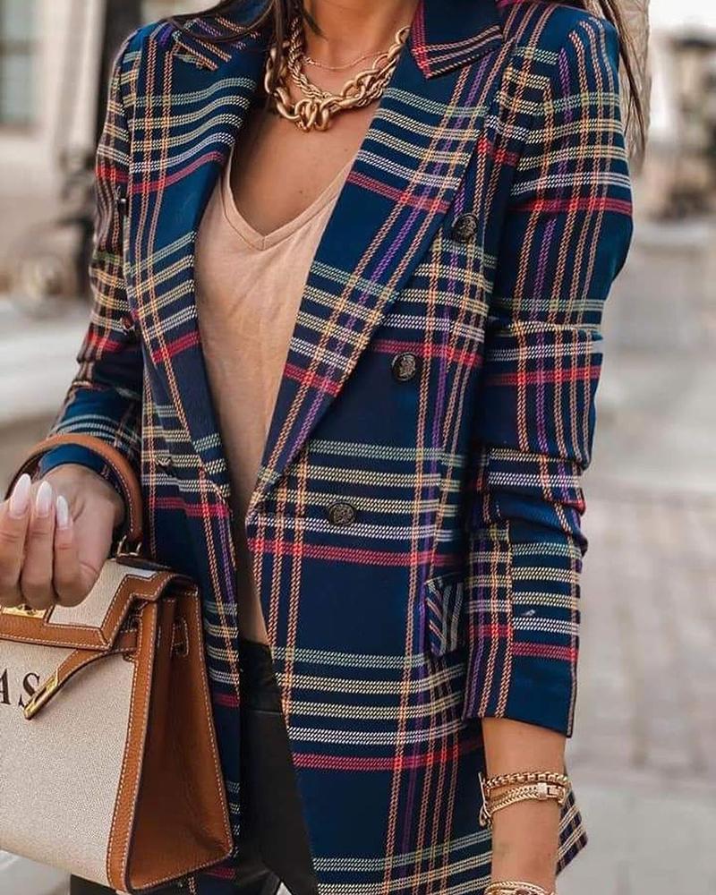 

Plaid Print Button Design Long Sleeve Blazer Coat, Purplish blue