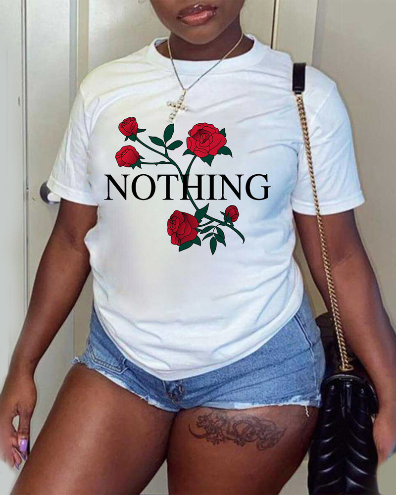 

Plus Size Letter Floral Print Casual T-shirt, White