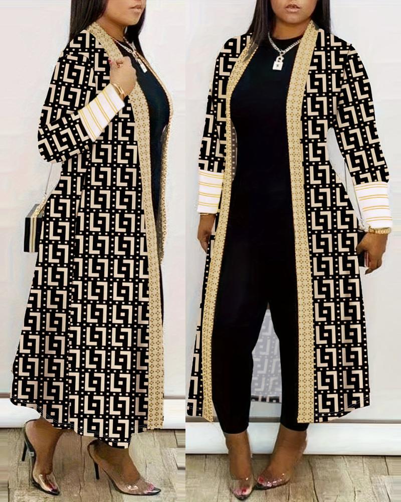 

Plus Size Geometric Print Open Front Longline Coat, Apricot