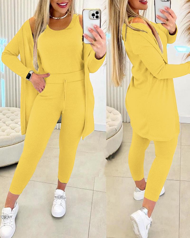 

3PCS Round Neck Tank Top & Drawstring Pants Set With Coat, Yellow