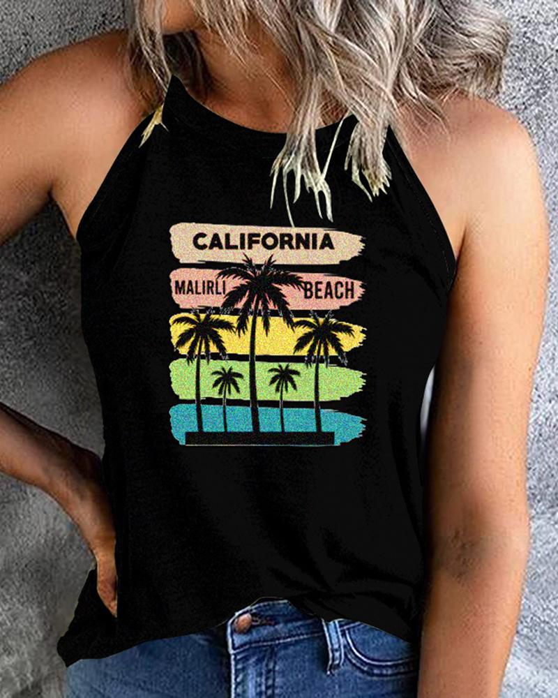 

Landscape Coconut Tree Letter Print Graphic Tee Round Neck Vest Tank Top, Black