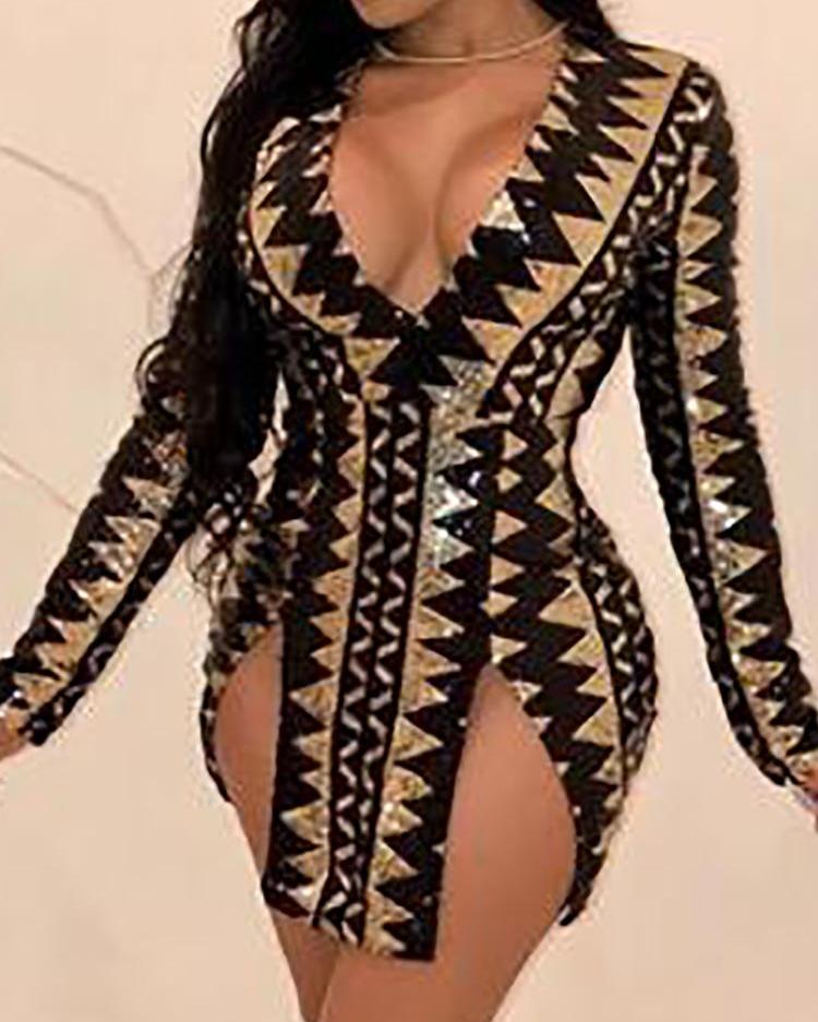

Geo Print Deep V-Neck Slit Bodycon Dress, Yellow