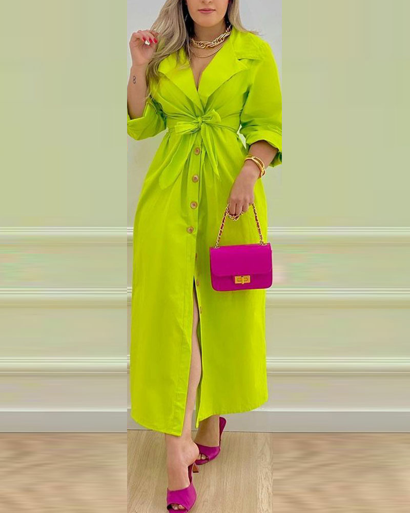 

Long Sleeve Tie Front Button Up Maxi Shirt Dress, Green