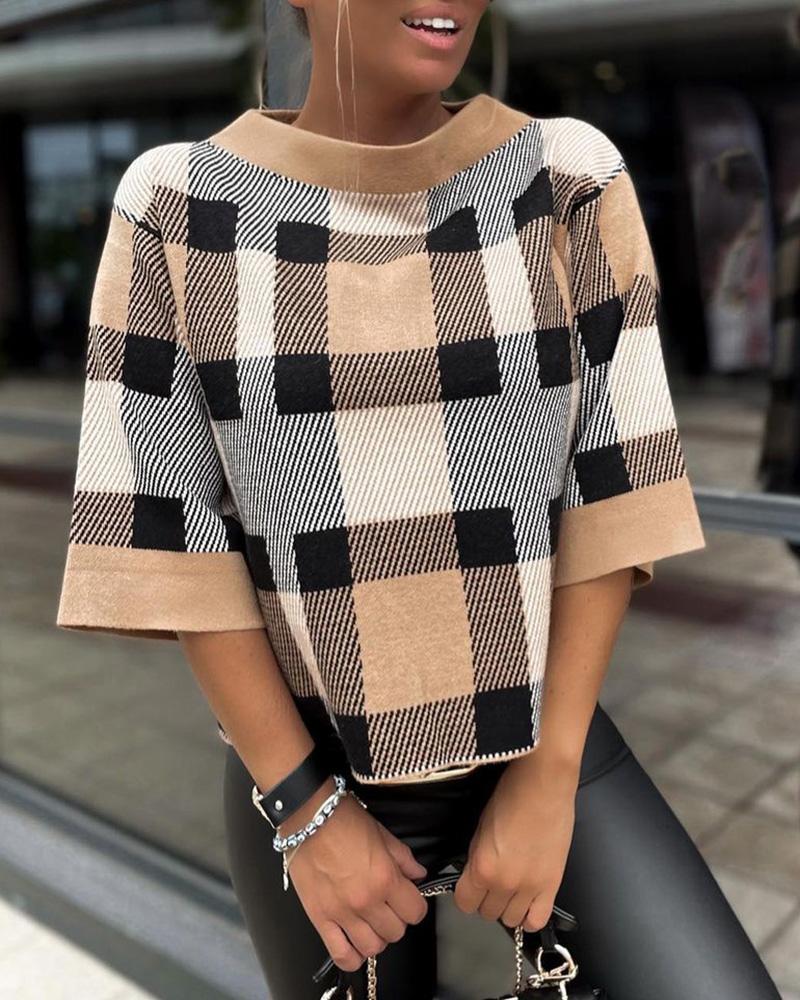 

Plaid Print O Neck Knit Top, Khaki