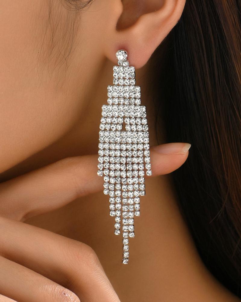 

1Pair Rhinestone Tassel Design Drop Earrings, White