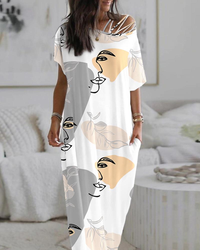 

Abstract Figure Print Cold Shoulder Maxi Dress, White