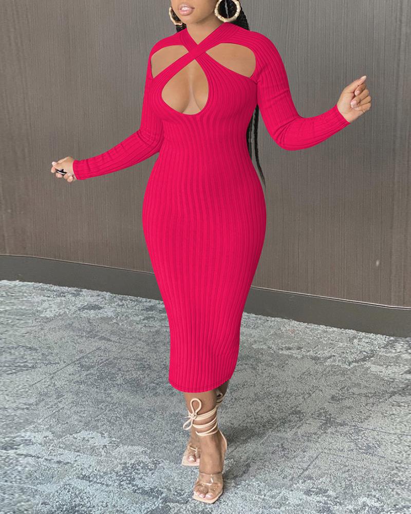 

Ribbed Cut Out Long Sleeve Skinny Dress, Hot pink
