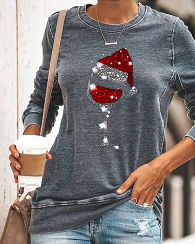 

Christmas Wineglass Hat Print Casual Sweatshirt, Gray