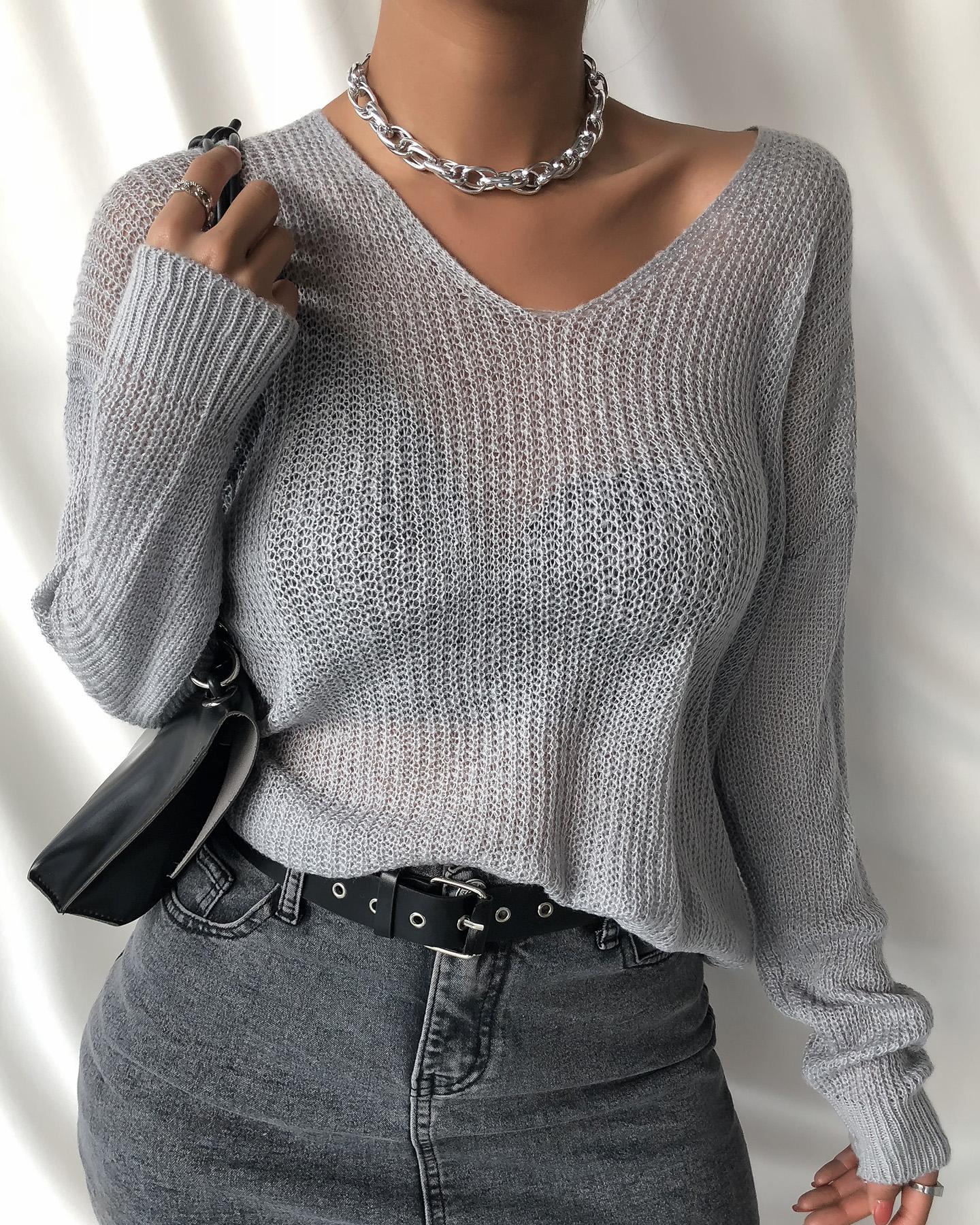 

Plain Long Sleeve Knit Top, Gray