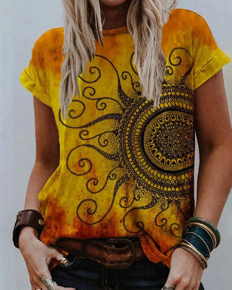 

Floral Print Short Sleeve T-shirt, Yellow
