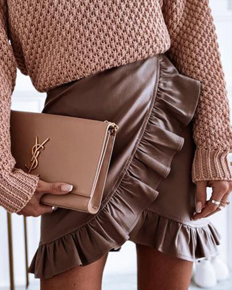 

PU Leather Ruffle Hem Mini Skirt, Brown