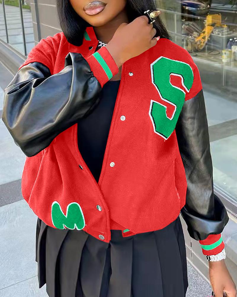 

Letter Pattern PU Leather Patch Baseball Jacket, Red