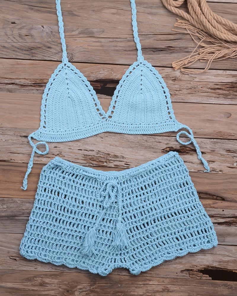 

Solid Strap Cut-out Skinny Tanks With Cut-out Shorts Sexy Sets, Sky blue