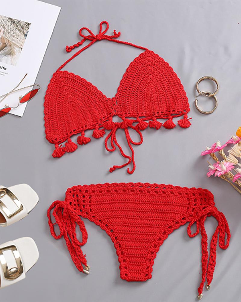 

Tassel Decor Tied Detail Halter Crochet Bikini Set, Red