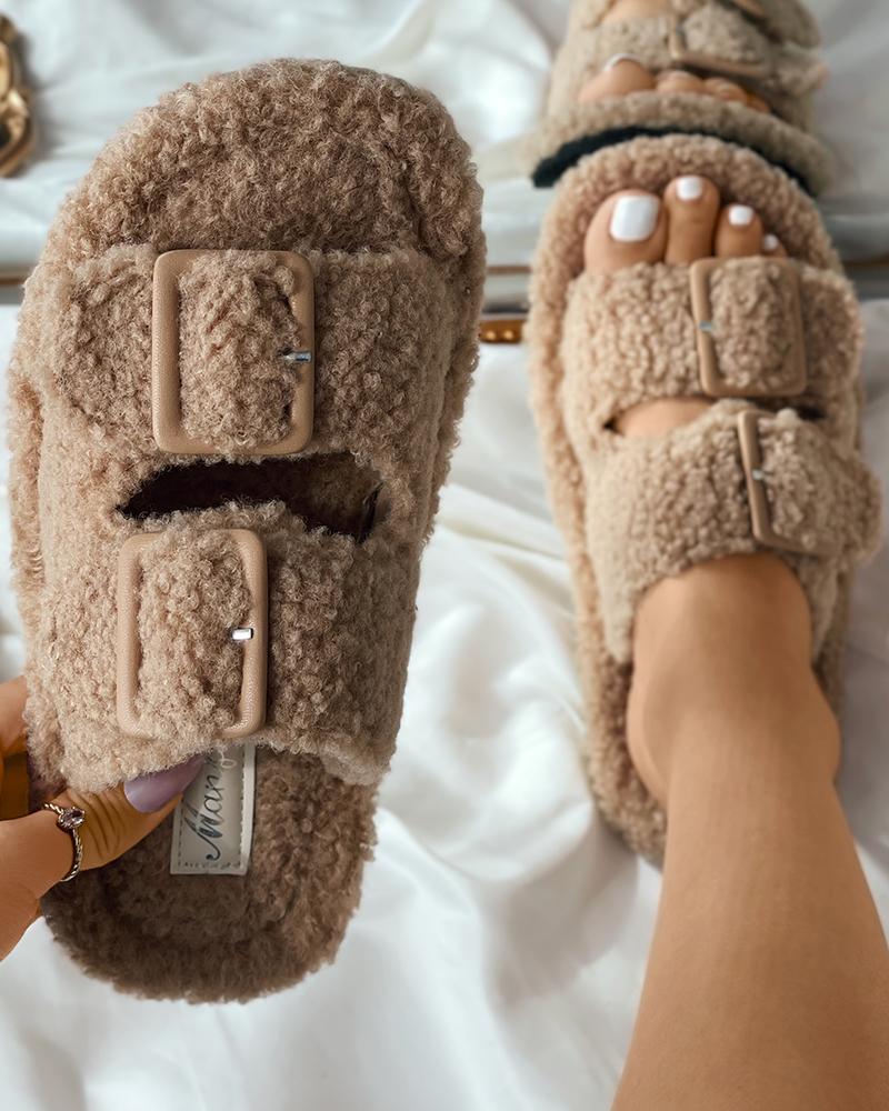 

Double Band Buckled Fluffy Slippers, Khaki