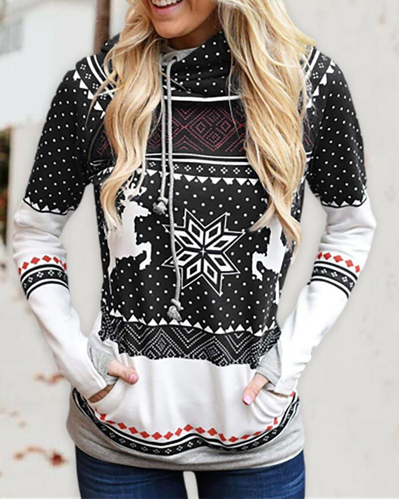 

Christmas Pocket Design Long Sleeve Hoodie, Black