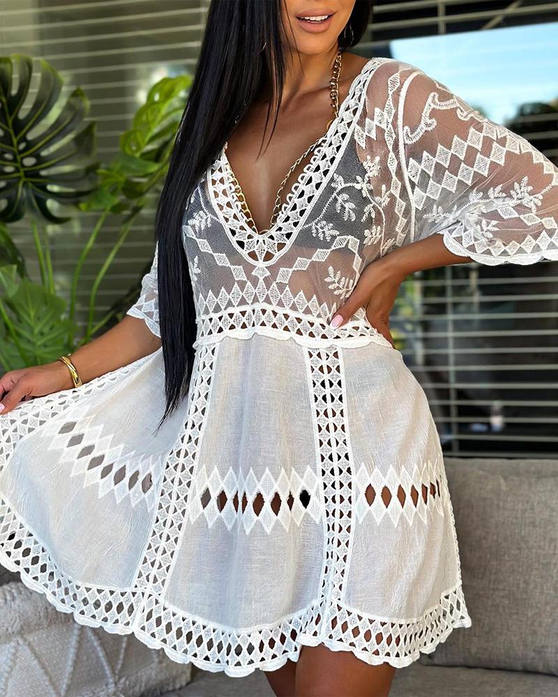 Hollow Out Bell Sleeve Cover Up Lace Dress