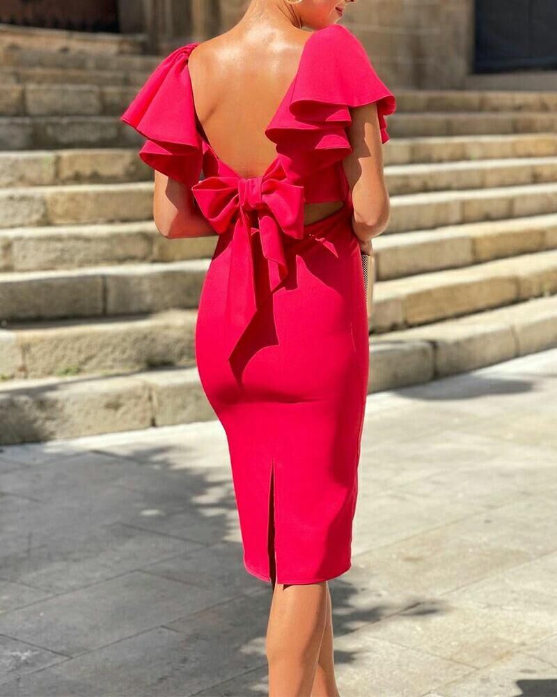 

Bowknot Backless Ruffle Hem Split Skinny Dress, Red