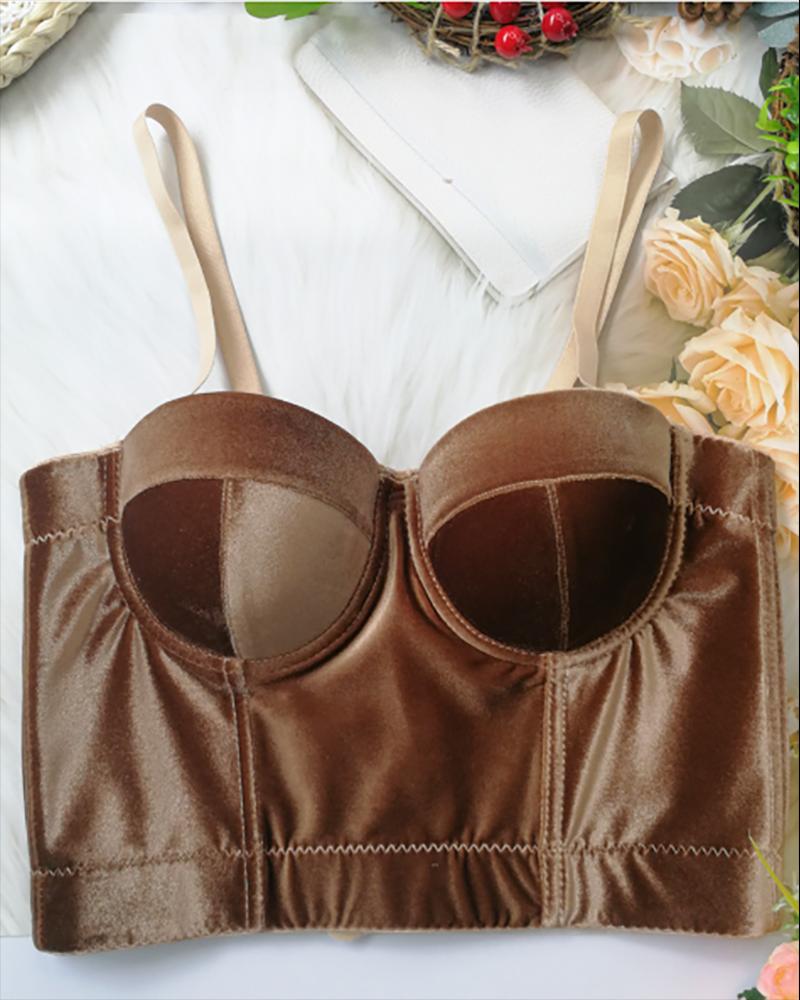 

Velvet Spaghetti Strap V Neck Corset Crop Top, Coffee