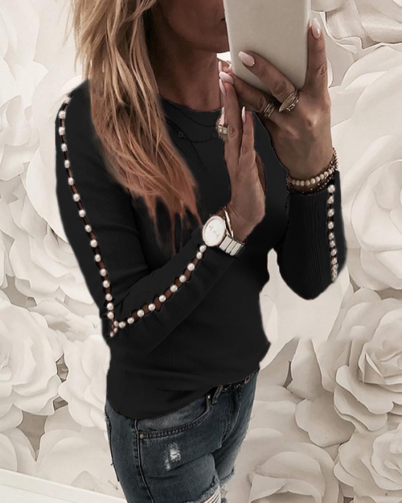 

Beaded Ribbed Round Neck Women Blouse, Black