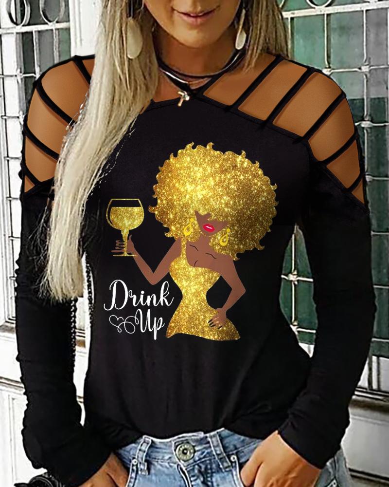 

Figure Wine Glass Print Cold Shoulder Top, Black