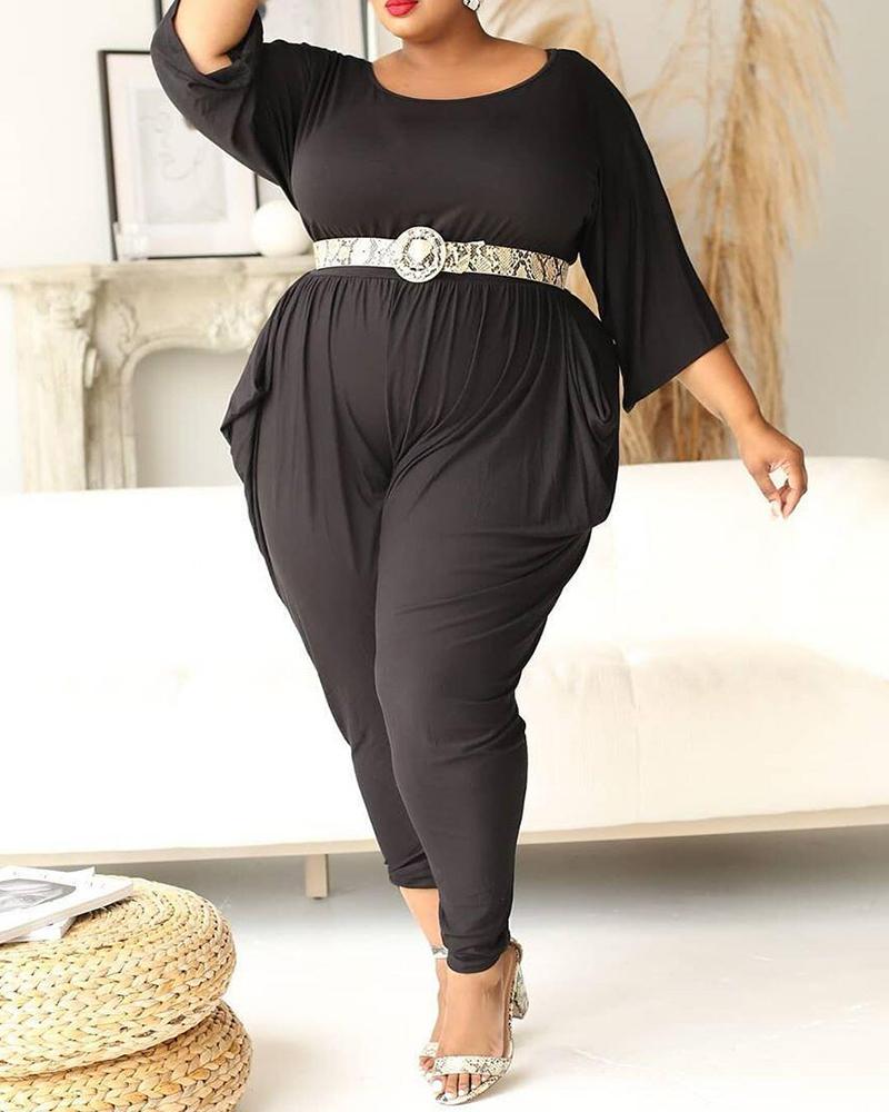 

Plus Size Round Neck Pocket Detail Jumpsuit, Black