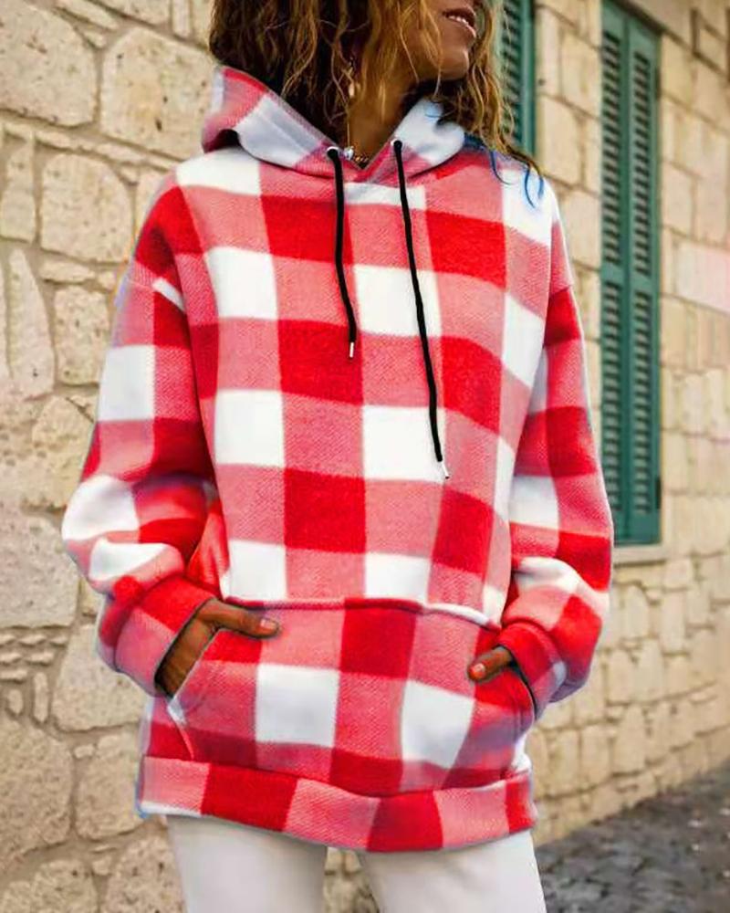 

Long Sleeve Plaid Print Pocket Design Hooded Sweatshirt, Red