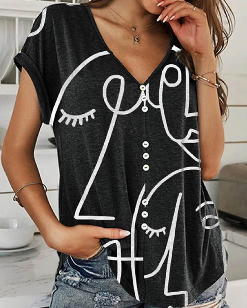 

V-neck Button Front Figure Print T-short, Black