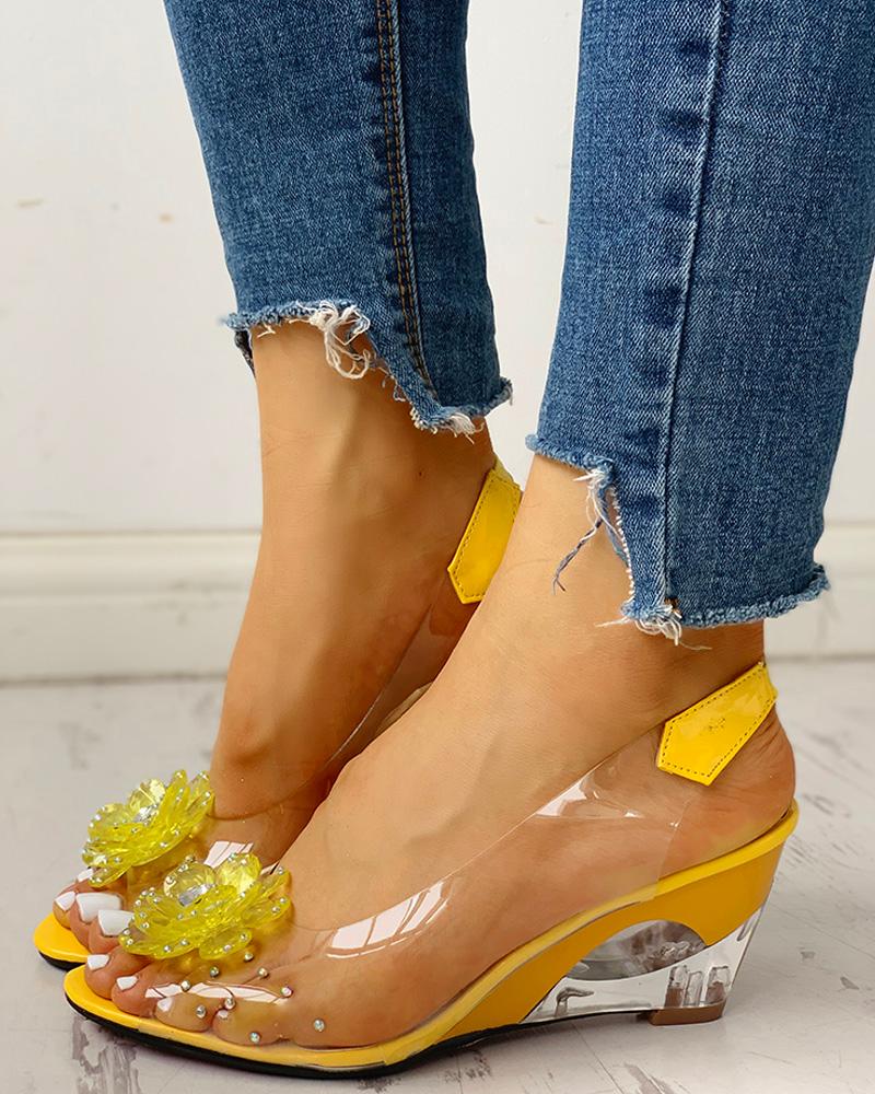 

Studded Flower Design Transparent Wedge Sandals, Yellow