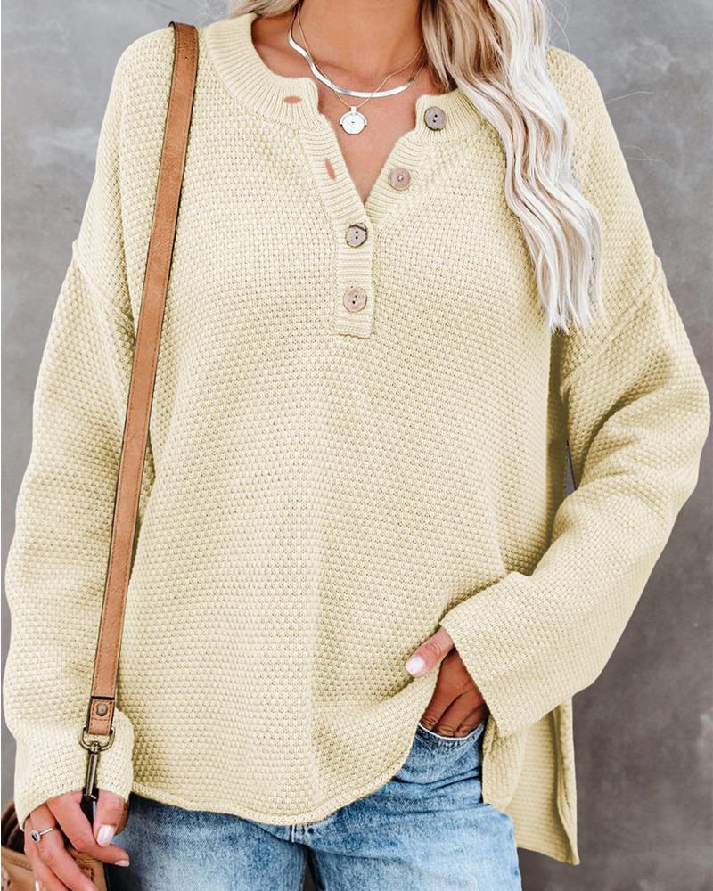 

Long Sleeve Button Front Split Hem Sweater, Beige