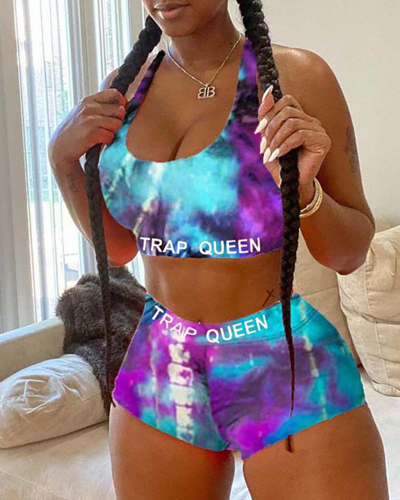 

Tie Dye/Cartoon Print Plus Size Top & Short Sets, Blue