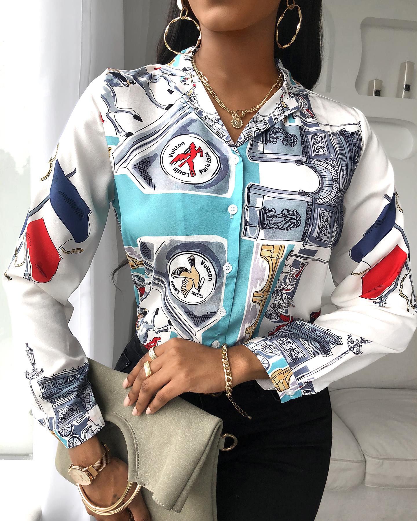 

Graphic Print Button Design Long Sleeve Shirt, White