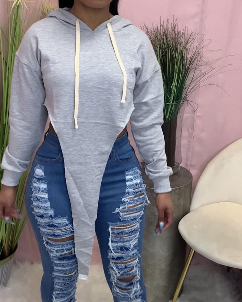 

High Slit Asymmetrical Drop Shoulder Drawstring Hoodie, Gray
