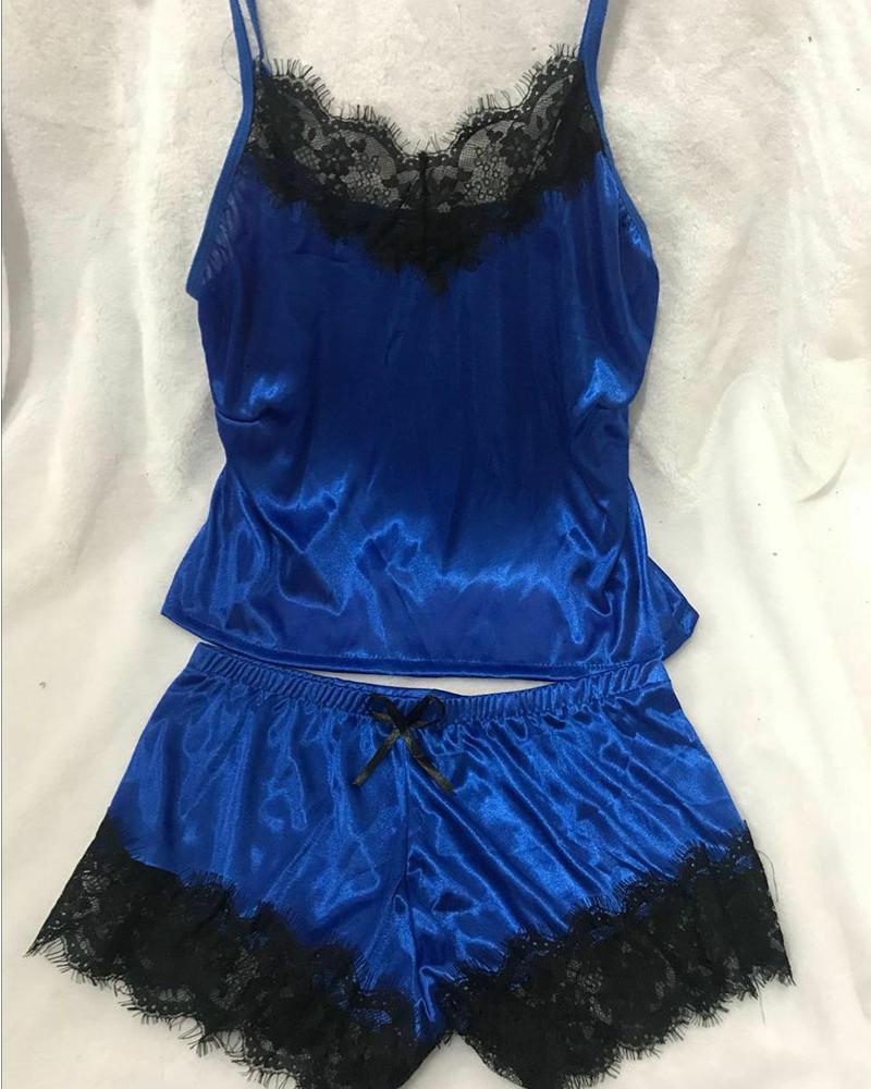 

Lace Trim Pajama Set, Blue