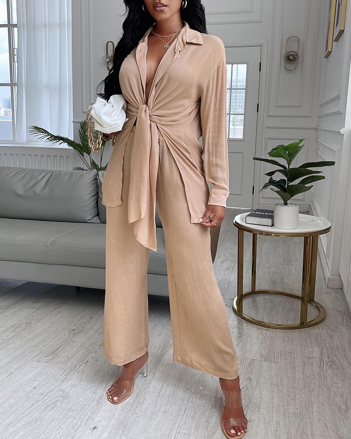 

Tie Front Top & Wide Leg Pants Set, Khaki