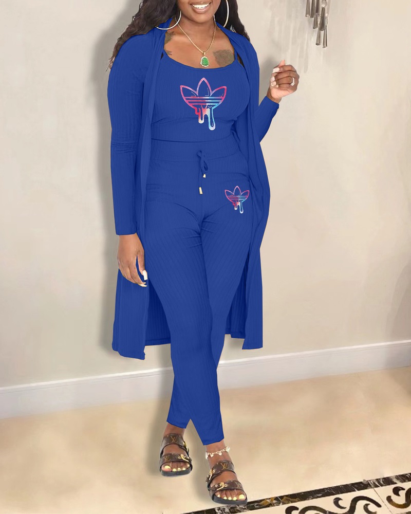 

3PCS Graphic Print Ribbed Cami Top & Pants Set With Coat, Blue